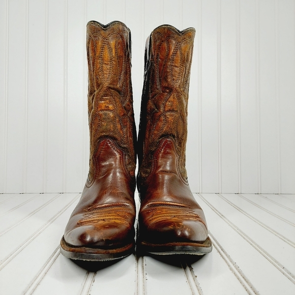 Bronco Brown Embroidery Leather Slip On Block Heel Pointy Toe Western Boots D186 - Picture 3 of 13
